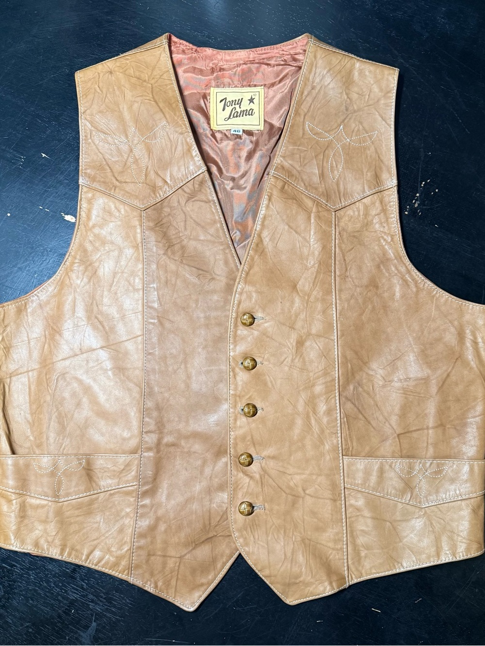 Vintage Tony Lama Brown Leather Vest, White Stitching Size 46 Leather Buttons